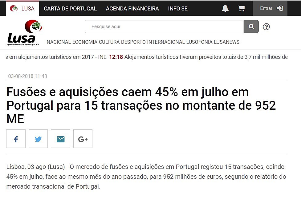 Fuses e aquisies caem 45% em julho em Portugal para 15 transaes no montante de 952 ME